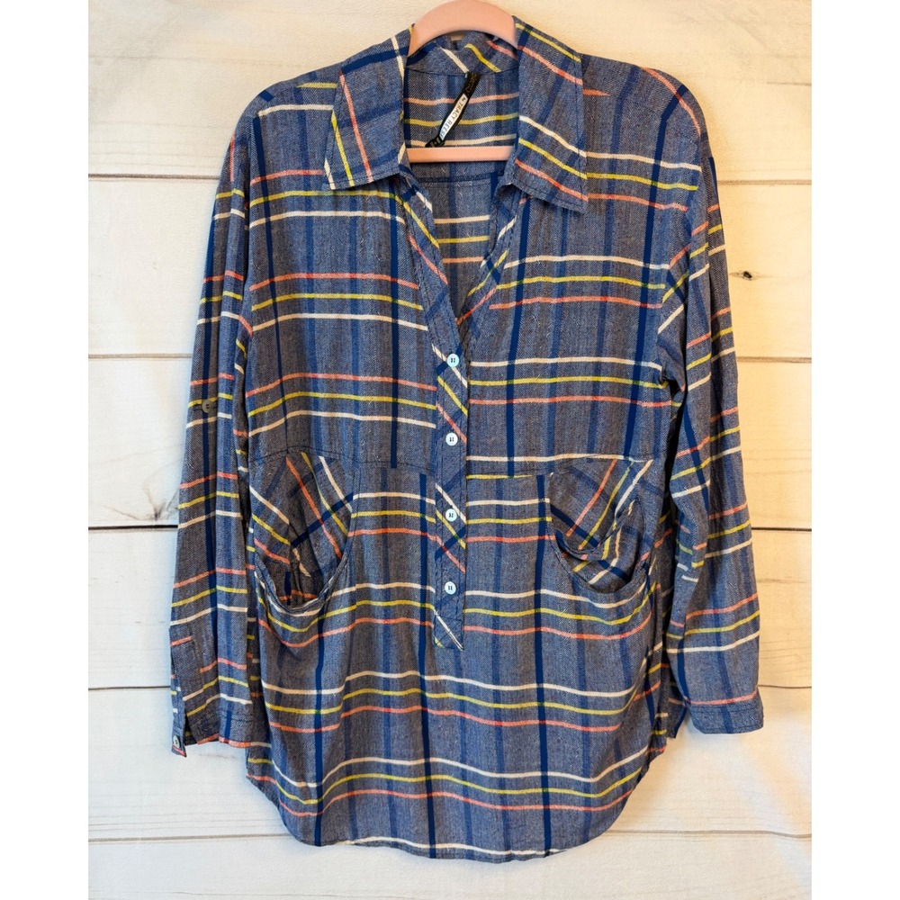 Plenty by Tracy Reese Blue Plaid Rayon Tunic Top Herringbone Size L